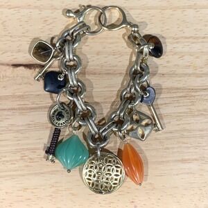 Fossil Charm Bracelet Women OS Gold Silver Mixed Metal Key Bead Boho Eclectic